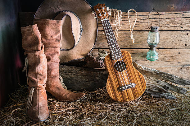 istock Still life with ukulele on cowboy hat and leather boot 528434678