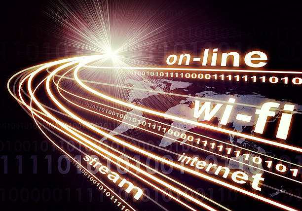 istock Continents, light beams, digits and words like internet, on-line 528437421