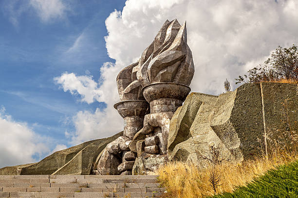Shipka, Bulgaria - September 21, 2014: Stone torches in Buzludzha monument