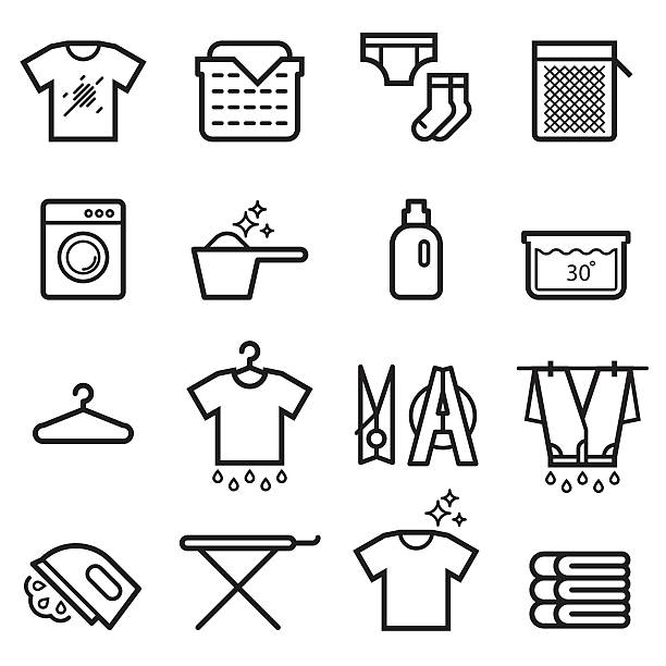 illustrazioni stock, clip art, cartoni animati e icone di tendenza di icone sottile linea lavanderia - iron laundry cleaning ironing board