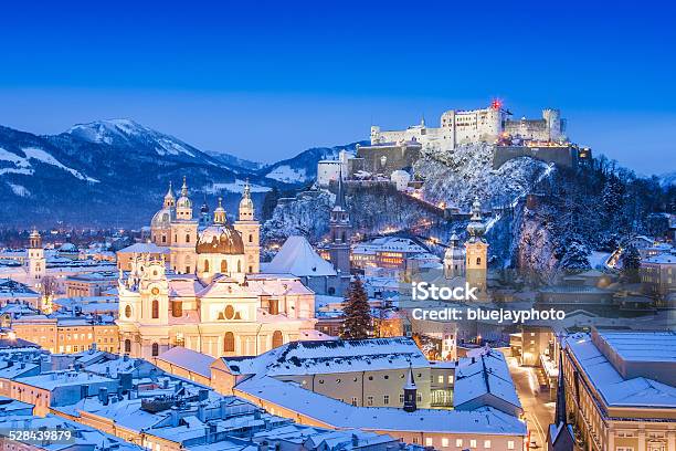 Historic City Of Salzburg In Winter At Dusk Austria Stock Photo - Download Image Now
