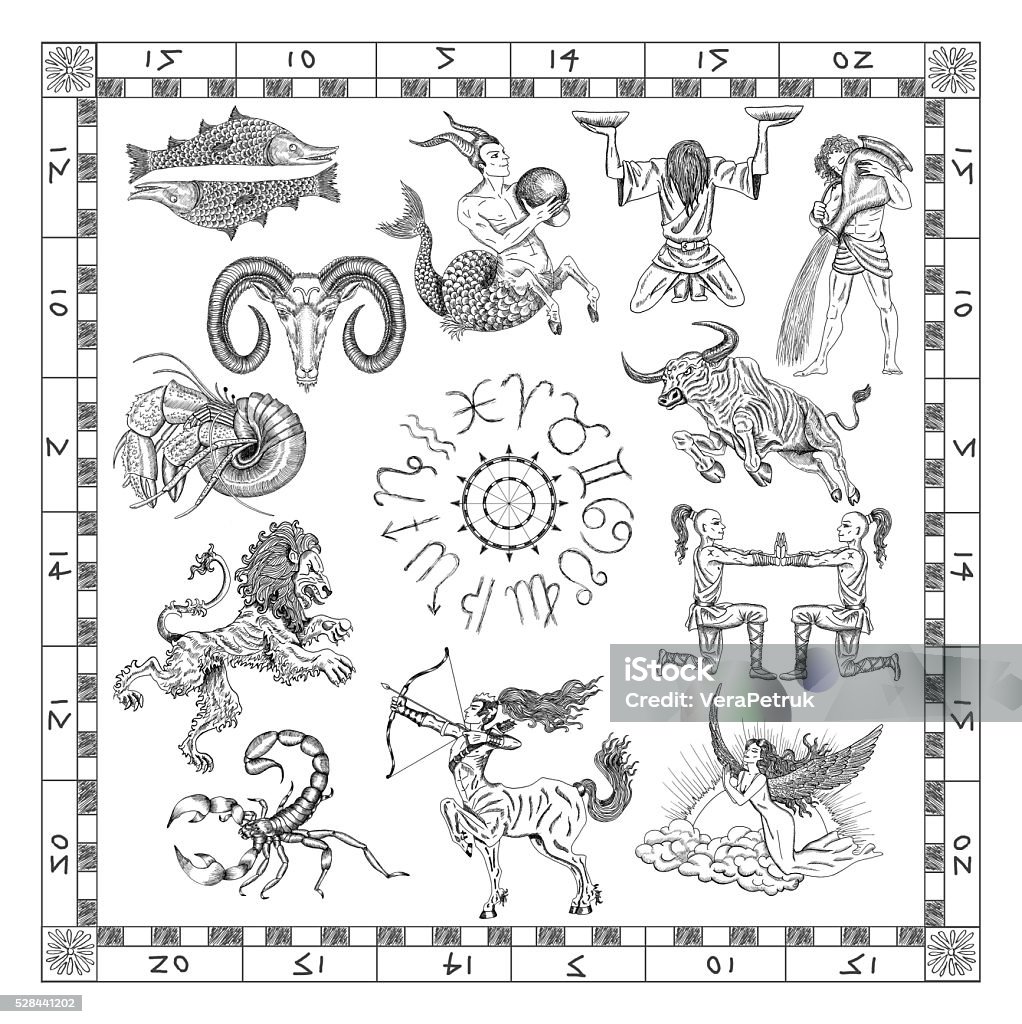 Set with Zodiac signs in map frame Graphic set with hand drawn zodiac symbols in frame. Line art with hand drawn horoscope signs isolated on white. Vintage mystic and astrology illustration Ancient stock illustration