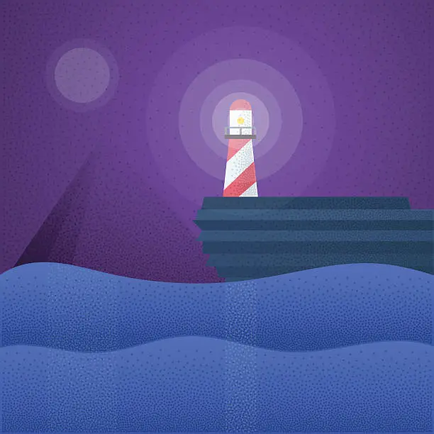 Vector illustration of Flat retro lighthouse night scene.