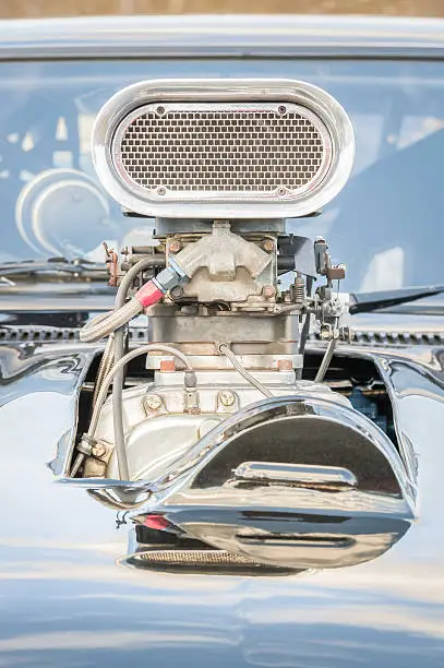 old high-performance  supercharged vehicle engine closeup