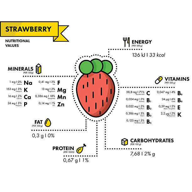 erdbeer-nährwertangaben. gesunde ernährung. - nutritional analysis stock-grafiken, -clipart, -cartoons und -symbole