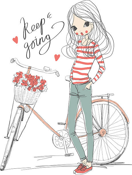 自転車を持つ女の子 ベクターアートイラスト