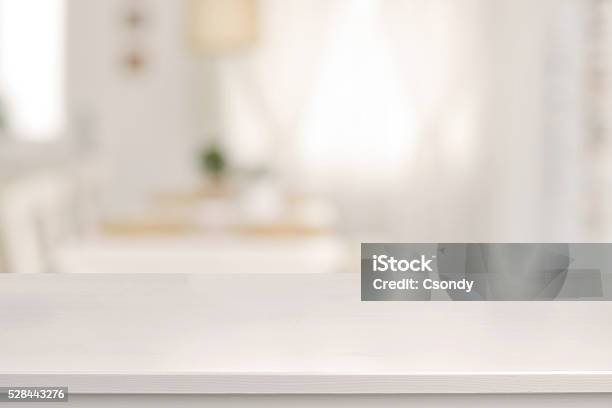 White Wooden Table And Blurred Dining Room Stock Photo - Download Image Now - Table, Backgrounds, Kitchen