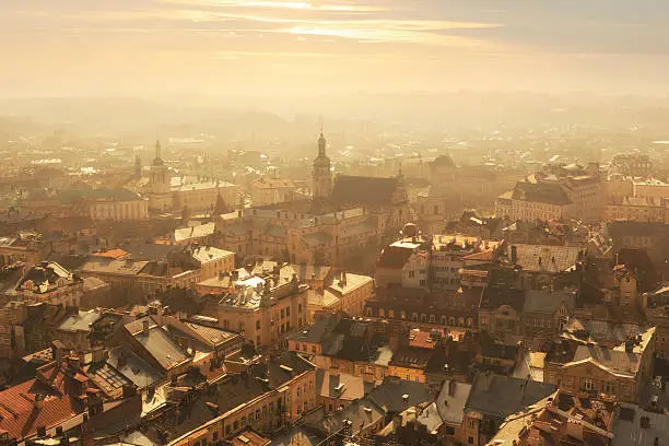 High angle view of Lviv old town with a church in the center, Ukraine