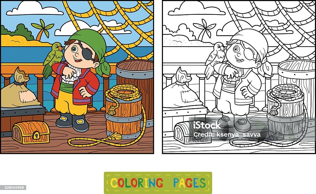 Coloring book for children. Pirate on a ship Coloring book for children. Pirate and Parrot are on the deck of a ship Activity stock vector