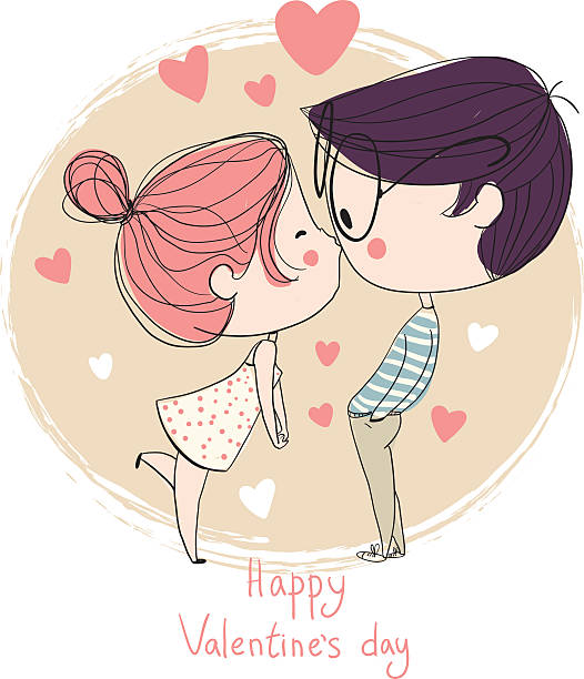 Zum Valentinstag. Jungen und Mädchen küssen. Liebe Karten. – Vektorgrafik