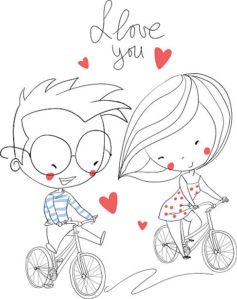 Mädchen und junge Fahrradfahren. Liebe Karte. – Vektorgrafik