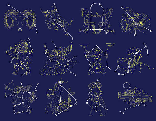 Set with Zodiac symbols and constellations on blue Collection with Zodiac symbols and constellations on blue background. Line art vector with horoscope signs. Doodle mystic and astrology drawing, hand drawn illustration astrology sign illustrations stock illustrations