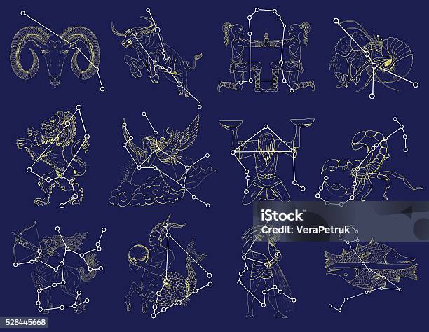 Set With Zodiac Symbols And Constellations On Blue Stock Illustration - Download Image Now - Constellation, Astrology Sign, Aries