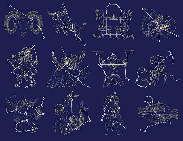 Vector illustration of Set with Zodiac symbols and constellations on blue