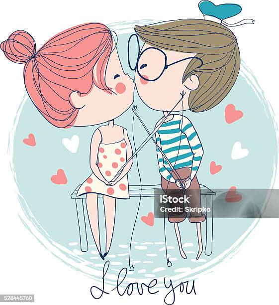 Cute Couple Kissing Sitting On Pier Stock Illustration - Download Image Now - Adult, Bonding, Boys