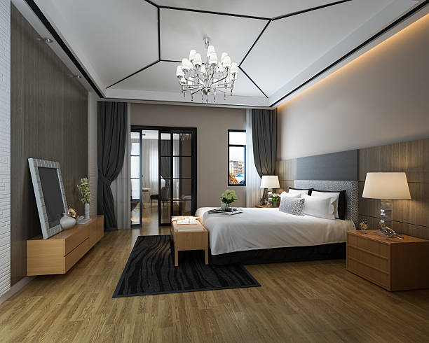 moderna habitación interior con ambiente - bedroom authority bed contemporary fotografías e imágenes de stock