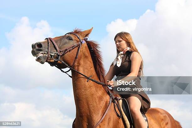 Girl And Horse Portrait On Sky Background Stock Photo - Download Image Now - Adult, Animal, Beauty In Nature