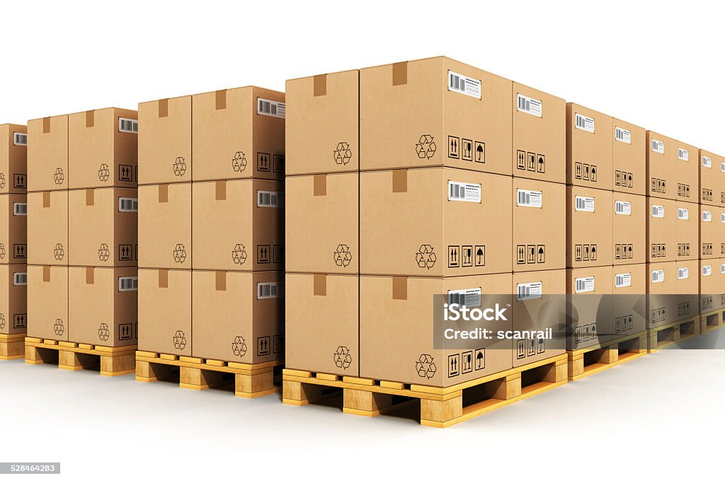 Warehouse with cardbaord boxes on shipping pallets http://dl.dropbox.com/s/ogzjaalpwgx8t8q/Cargo_s.jpg  Pallet - Industrial Equipment Stock Photo