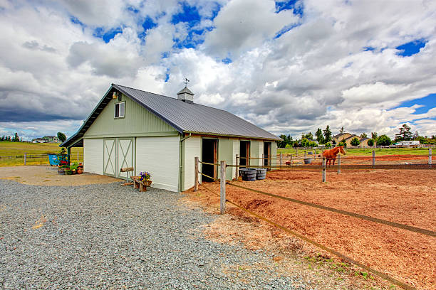 istock Horse farm land with barn. 528465415