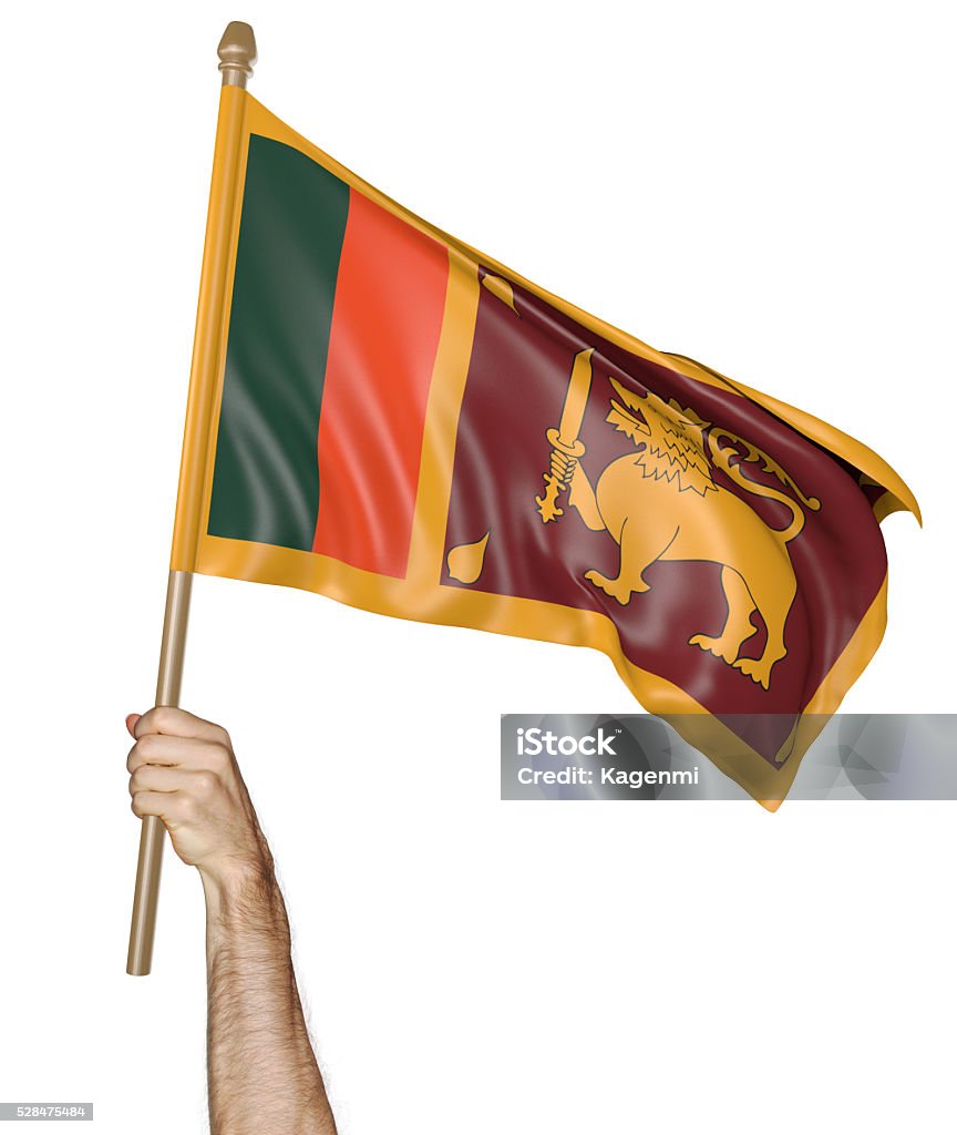 Hand proudly waving the national flag of Sri Lanka Man's hand raising the Sri Lankan national flag high in the air, isolated against a white background. Activist Stock Photo