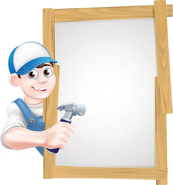 Vector illustration of Carpenter Holding Hammer Sign