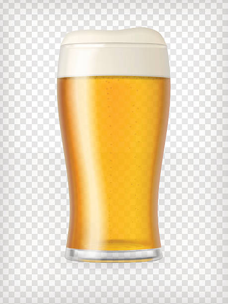 Realistic Mug with Beer Realistic beer glass. Mug with light beer and bubbles. Graphic design element for a brewery ad, beer garden poster, flyers and printables. Transparent vector illustration. beer stock illustrations