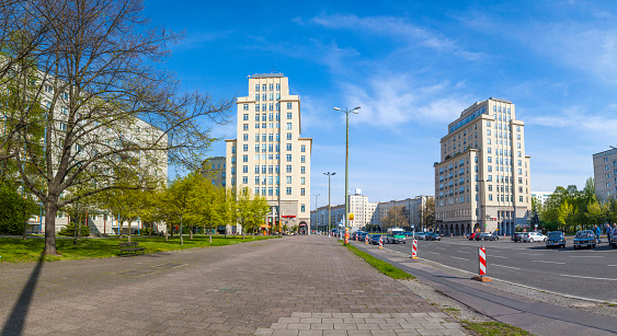Berlin, Germany - May 1, 2016: Karl-Marx-Allee, a monumental socialist boulevard of the former East Berlin in Berlin, Germany.