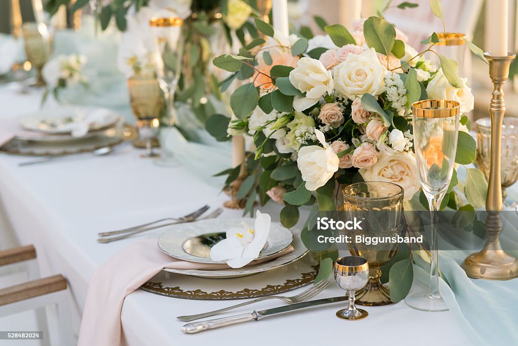 beautifully decorated table with flowers beautifully decorated table with flowers for wedding party Wedding Stock Photo
