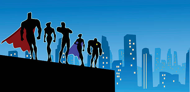 illustrations, cliparts, dessins animés et icônes de silhouette de héros de la grande ville - superhero human muscle men city