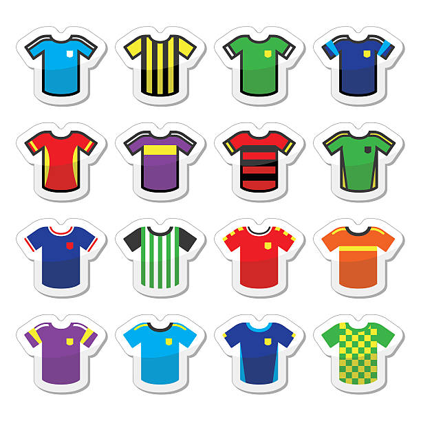 ilustraciones, imágenes clip art, dibujos animados e iconos de stock de de fútbol o fútbol camisetas colorido conjunto de iconos - championship 2014 brazil brazilian