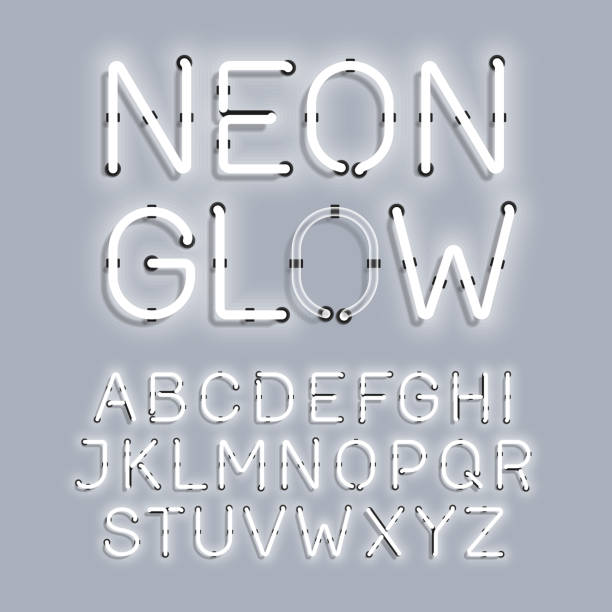 White Neon Glow alphabet Vector illustration with transparent effect, eps 10. neon lighting stock illustrations
