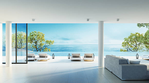 playa, sala de estar con vista al mar - apartment architecture contemporary beach fotografías e imágenes de stock