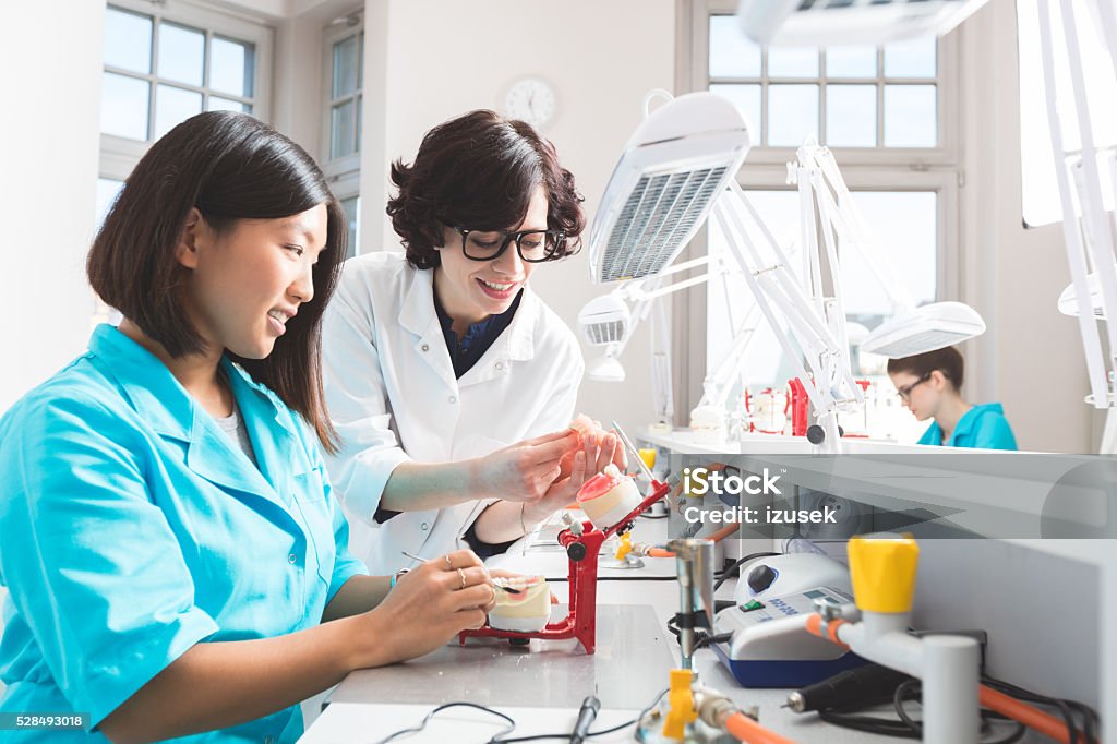 Asian student learning prosthetic dentistry, talking with teacher Asian young woman wearing uniform sitting in a prosthodontic lab, learning prosthetic dentistry, talking with her teacher. Dental Equipment Stock Photo