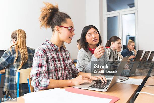 Female Students Learning Computer Programming Stock Photo - Download Image Now - Classroom, Learning, Global Communications