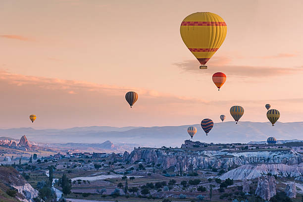 papaveráceas balão de ar em campo capadócia, turquia - cappadocia hot air balloon turkey basket imagens e fotografias de stock