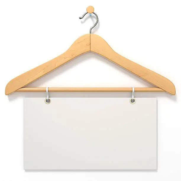 Wooden hanger with blank tag. 3D render illustration isolated on white background