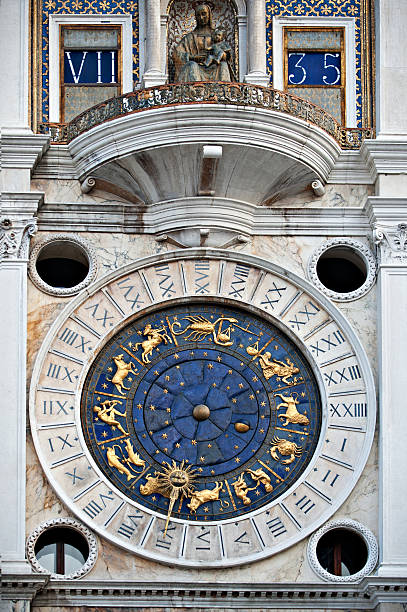 St Mark's Clocktower Looking at the historical clock on the Torre del' Orologio on the St. Mark's square in Venice. cosmos of the stars of the constellation capricorn and gems stock pictures, royalty-free photos & images