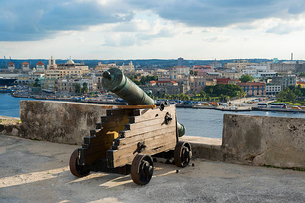 Fort of Saint Charles in Havana, Cuba View from Fortaleza de San Carlos de la Cabaña (Fort of Saint Charles), an 18th-century fortress complex and the third-largest in the Americas. It is located on the elevated eastern side of the harbor entrance in Havana, Cuba. havana harbor photos stock pictures, royalty-free photos & images