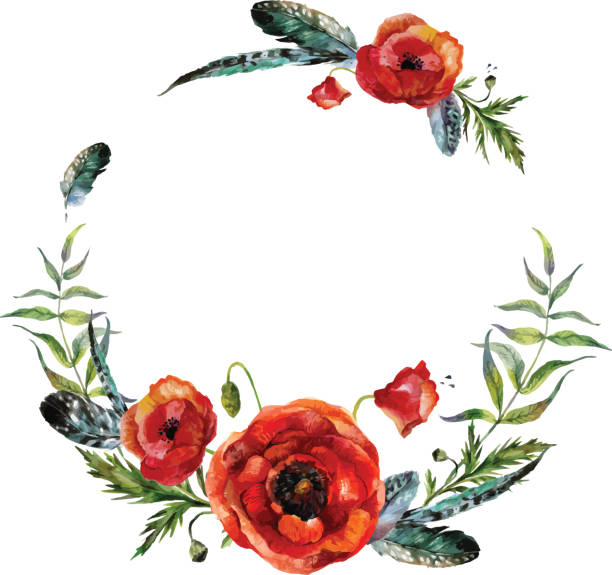 Watercolor floral wreath Watercolor floral wreath. Fashion boho style (shabby chic, hippie). Watercolor poppies and feathers round frame. red poppy stock illustrations