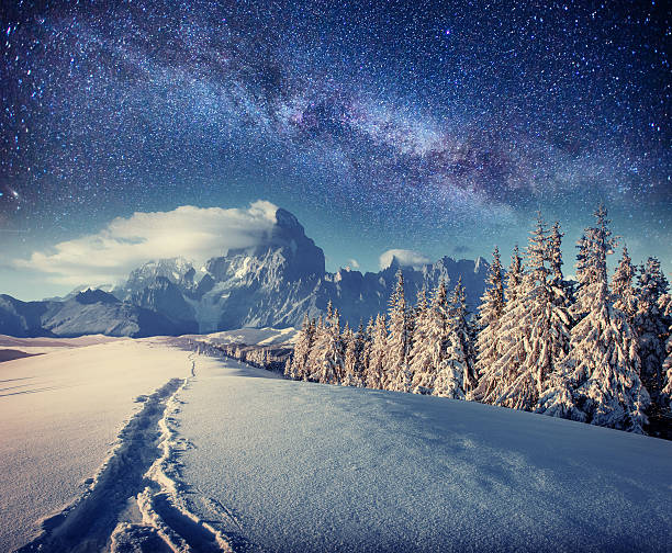 istock starry sky in winter snowy night. 528500512