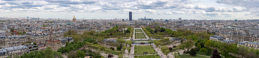 Panorama of Paris from Notre Dame. Eiffel tower and Hotel des Invalides in the background. France
