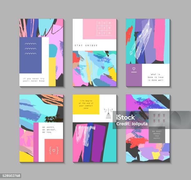 Set Of Artistic Creative Universal Cards Hand Drawn Textures Stock Illustration - Download Image Now