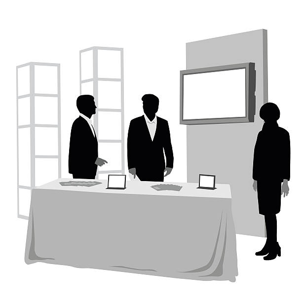 Convention Booth Attendees Business men and a business woman are attending a booth at a convention.  They have a table and a large display screen behing them.  This vector illustration is a silhouette them with greyscale details. shadow team business business person stock illustrations