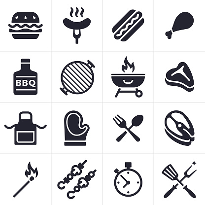 Grilling and outdoor eating icon and symbol collection. Sixteen icons and symbols including hamburger, hotdog, chicken, fish and steak. Also includes grilling tools, hot mitt, grill, kabobs, apron, match and timer.