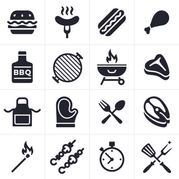 Grilling Icons and Symbols Grilling and outdoor eating icon and symbol collection. Sixteen icons and symbols including hamburger, hotdog, chicken, fish and steak. Also includes grilling tools, hot mitt, grill, kabobs, apron, match and timer. meat symbols stock illustrations