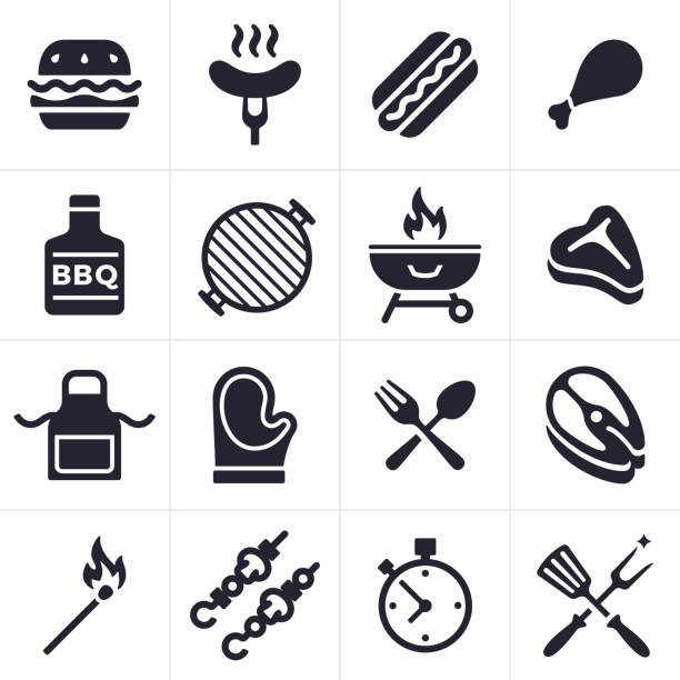 Grilling Icons and Symbols Grilling and outdoor eating icon and symbol collection. Sixteen icons and symbols including hamburger, hotdog, chicken, fish and steak. Also includes grilling tools, hot mitt, grill, kabobs, apron, match and timer. t bone steak stock illustrations