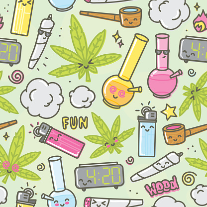 Marijuana kawaii cartoon funny seamless vector pattern