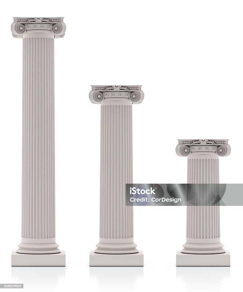 Greek Pillars three Size, Isolated on White Background Architectural Column Stock Photo