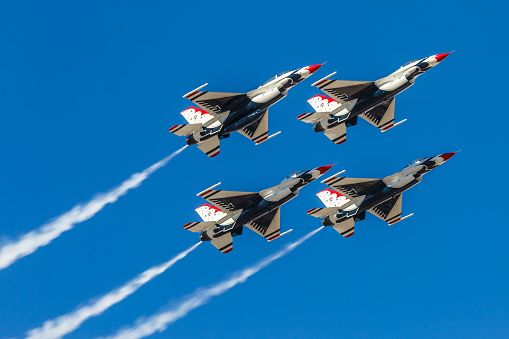 San Antonio, USA - October 31, 2015: United States Air Force F-16 Thunderbirds from below