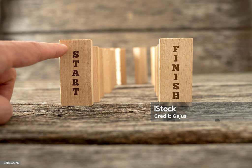 Dominos standing in U shape Dominos standing in U shape with the ending ones holding the words Start and Finish and a finger about to knock down the first one. Beginnings Stock Photo